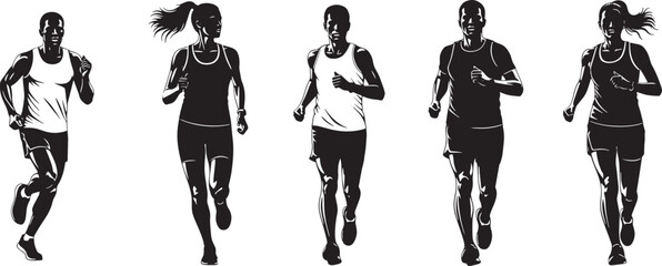 Dynamic collection of diverse athletes in full stride, captured in powerful monochrome silhouettes, embodying health, stamina, and active lifestyle pursuits