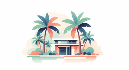 Fototapeta premium Modern beach house surrounded by palm trees under a soft sky