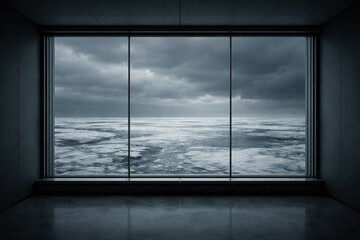 Fototapeta premium Minimalist dark interior with large window overlooking frozen arctic sea under stormy sky. Cinematic landscape concept
