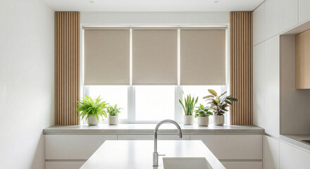 Beige roller blind on windows in stylish modern kitchen. Shutters on the plastic window.