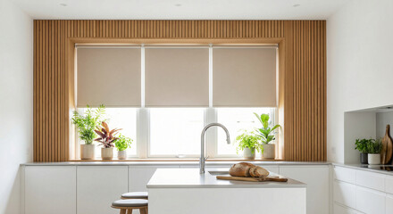 Beige roller blind on windows in stylish modern kitchen. Shutters on the plastic window.