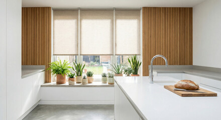 Beige roller blind on windows in stylish modern kitchen. Shutters on the plastic window.