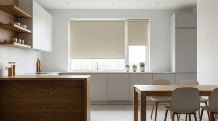Beige roller blind on windows in stylish modern kitchen. Shutters on the plastic window.