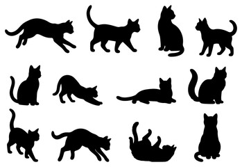 Vector illustration. Silhouettes of black cats. Set of animal stickers. Large set.	