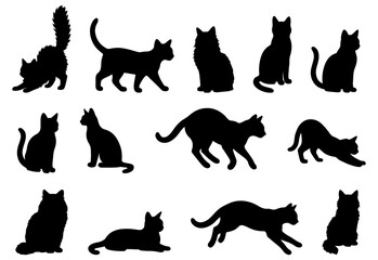 Vector illustration. Silhouettes of black cats. Set of animal stickers. Large set.	