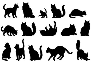 Vector illustration. Silhouettes of black cats. Set of animal stickers. Large set.	