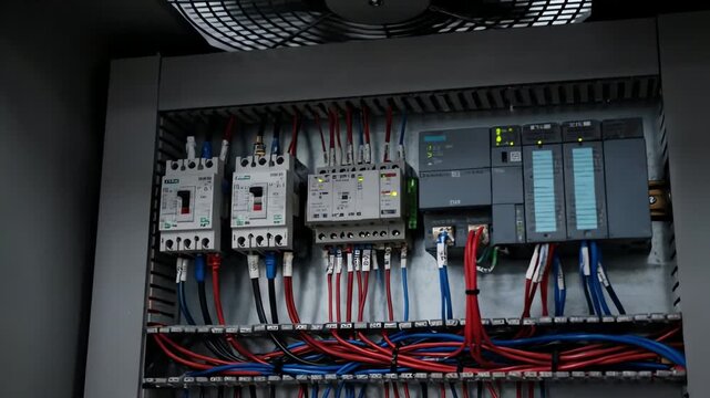 Inside view of a complex industrial electrical control panel with numerous automation modules and organized wiring in a modern facility.