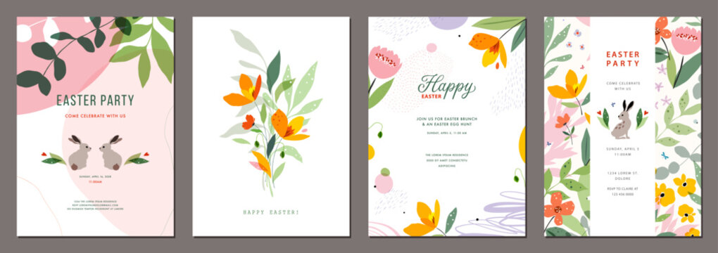 Easter templates. Floral greeting cards in spring vibrant colors with decorative flowers, Easter bunnies, frames and backgrounds with copy spase. For Mother&rsquo;s Day, Women&rsquo;s Day, Birthday invitations.
