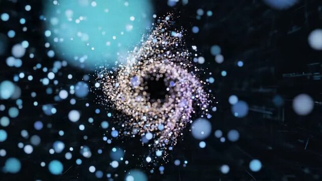 Swirling bright particles form a spiral galaxy structure against a dark background for modern technology website headers.
