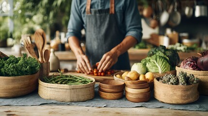 A man is preparing food in a kitchen with a variety of vegetables and fruits