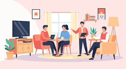 People collaborating in a modern living room with a TV