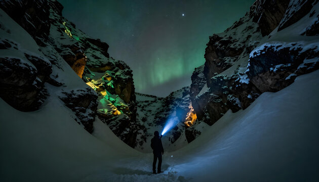 Man with flashlight explores snowy canyon under the mesmerizing aurora borealis at night