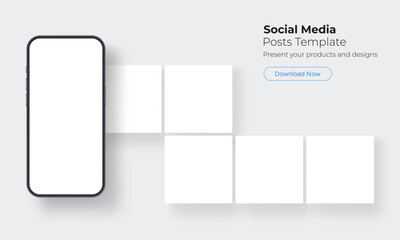 Smartphone mockup with blank social media post templates. Vector layout for presenting social media content, post design