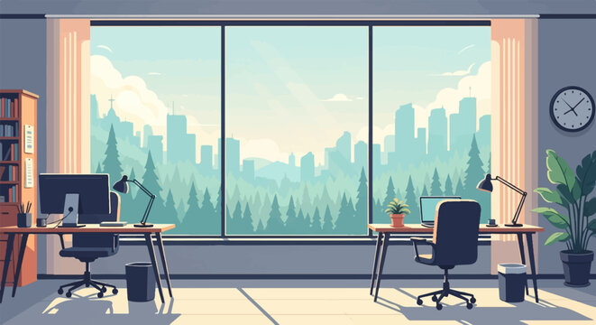 Modern office with large window, cityscape and forest view, two desks