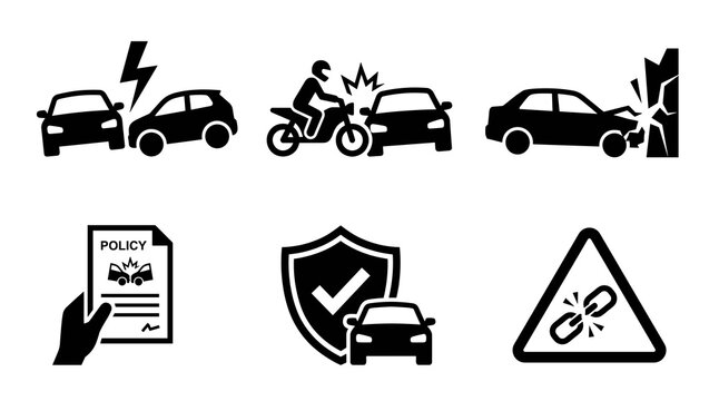Collection of black silhouette icons representing road traffic accidents vehicle collisions motorcycle crashes insurance policy documents and automotive safety protection symbols