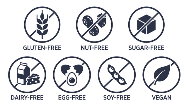 Collection of black icons representing common food allergies and dietary restrictions including gluten nut sugar dairy egg soy free and vegan lifestyle choices