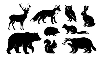 Obraz premium Collection of black woodland wildlife silhouettes featuring a bear deer fox owl rabbit squirrel badger hedgehog and marten for nature design