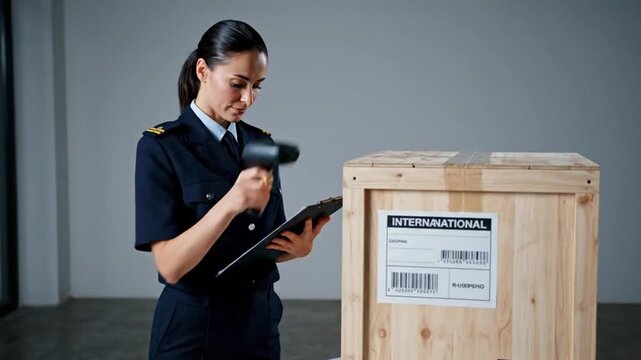 A female customs officer in uniform scans a barcode on a large wooden crate with a handheld device and clipboard.