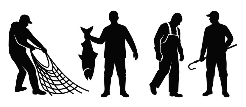 Collection of black silhouettes showing professional fishermen working with nets holding a big catch and carrying tools for commercial fishing industry