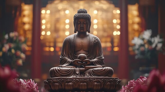 Serene bronze Buddha statue meditating amidst blurred pink lotus flowers and bokeh lights