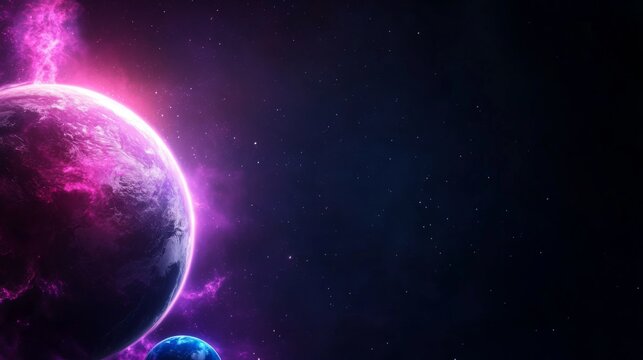 Electric magenta binary star system with blue planets in cosmic orbit