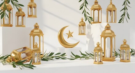 Golden lanterns, crescent moon, and star symbol with olive branches on a white background, celebrating Islamic culture and holidays like Ramadan or Eid.