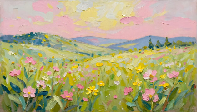 Impressionist painting of a vibrant meadow filled with pink and yellow wildflowers under a pastel sky