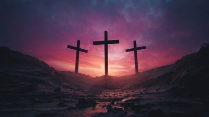 Three Crosses Silhouetted Against A Beautiful Vibrant Sunset Sky