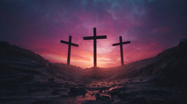 Three Crosses Silhouetted Against A Beautiful Vibrant Sunset Sky