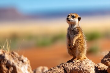 Fototapeta premium Meerkat on Alert in Desert Landscape Scanning Horizon for Potential Danger