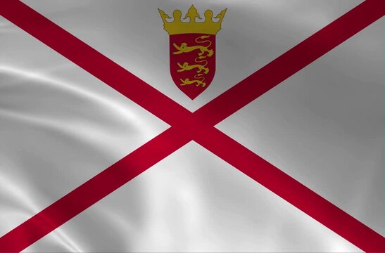 Waving Flag of Jersey, National Symbol with Red Saltire and Crowned Shield in 4K Loop, Jersey Bailiwick Banner Animation