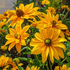 Vibrant yellow flowers blooming in a garden sunlight and nature