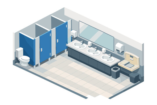 Isometric view of a modern public restroom with stalls, sinks, and changing station
