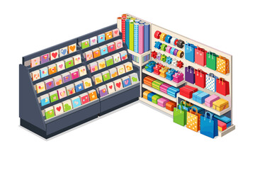 Isometric greeting card and gift shop display with colorful merchandise