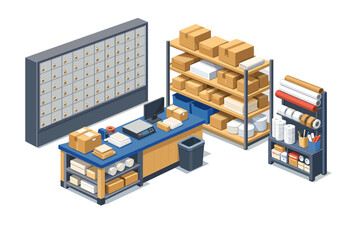 Obraz premium Isometric postal service counter with mailboxes, shelves, and shipping supplies