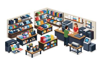 Isometric view of a stationery store with customers and staff interacting at the counter