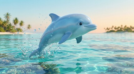 Naklejka premium A cute blue dolphin jumping out of the turquoise ocean water near a tropical island beach.