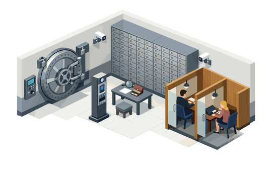 Isometric bank vault interior with safety deposit boxes and private meeting rooms