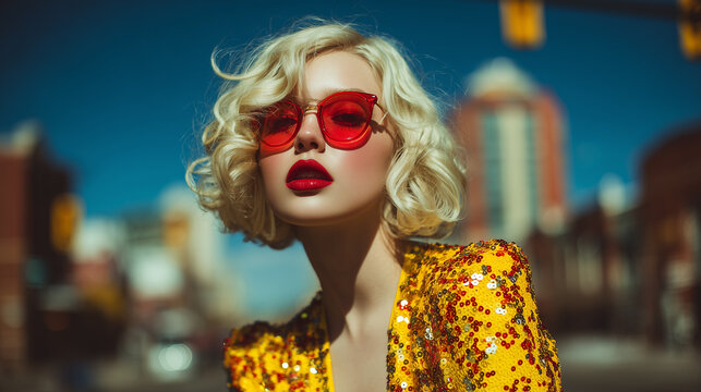 Stylish fashion model in yellow sequined dress and red sunglasses posing in sunny urban city background.
