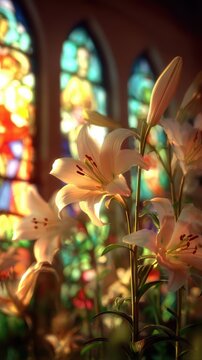 Vibrant Stained Glass Illumination on Delicate White Lilies in a
