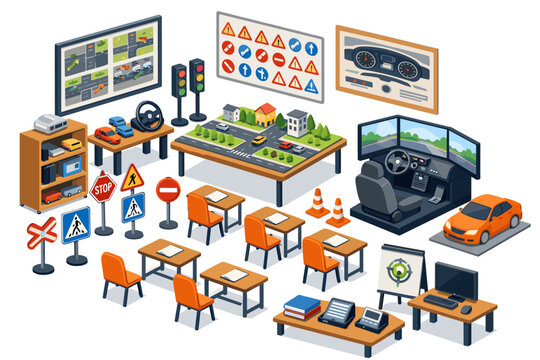 Driving school simulation equipment and learning materials for driver education