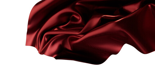 Close up of a luxurious burgundy satin textile with delicate folds isolated on white.