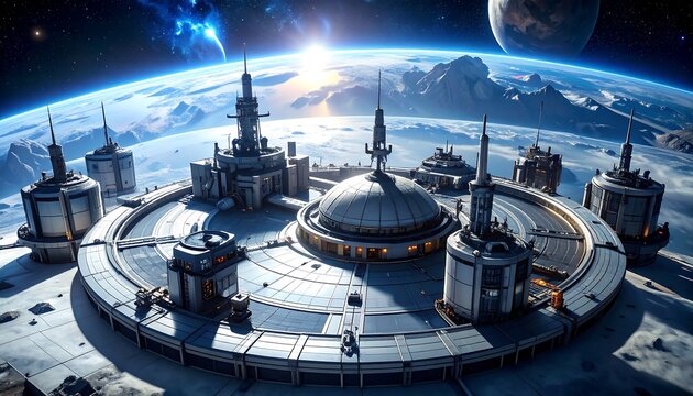 Futuristic city on a moon, with circular design, buildings and communication towers, planet background, sun rising