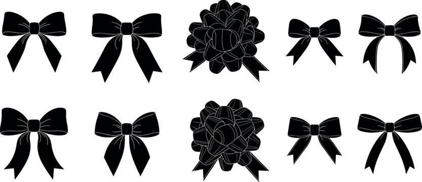 Black ribbon bow silhouettes vector collection for Christmas birthday gift wrapping and decorative design elements