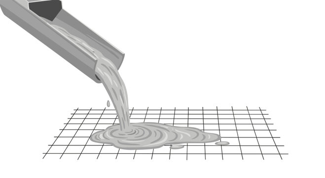 Liquid Concrete Being Poured from a Metal Chute onto a Wire Mesh Base for Building Foundation Work.