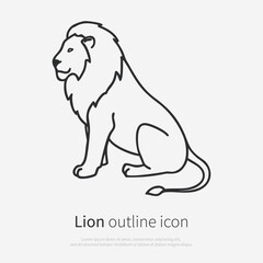 Minimal line art lion vector illustration in clean outline style. Full body lion sitting in side view, isolated on white background.