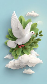 Symbolic White Dove Soaring Amidst Lush Green Foliage And Clouds