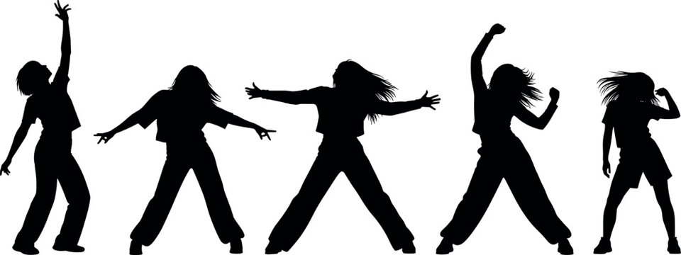Black silhouettes of five young people dancing modern hip hop style in energetic poses on a white background vector illustration.
