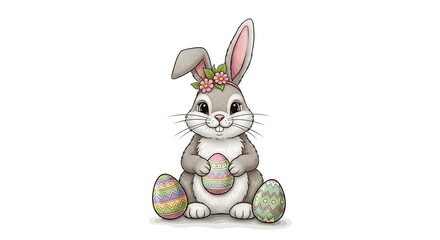 Easter Celebration, Cute Bunny, Spring Garden, Illustration, Whimsical Atmosphere, Front View, Joyful Spirit