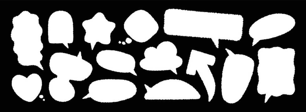 White chalk texture hand-drawn speech bubbles and textboxes. Cute doodle chat dialog frames. Cildish comic talk balloons. Japanese speech frames, dialog box bg. Speech frames with crayon texture